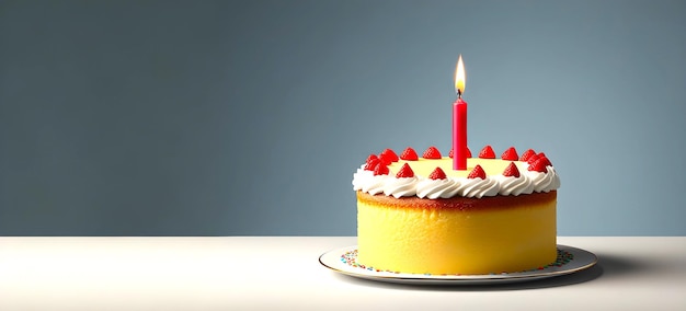 Un délicieux gâteau d'anniversaire avec une bougie est présenté sur un fond plat