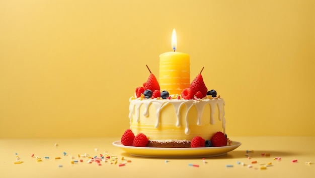 Délicieux gâteau d'anniversaire avec bougie sur fond jaune toile de fond avec espace de copie