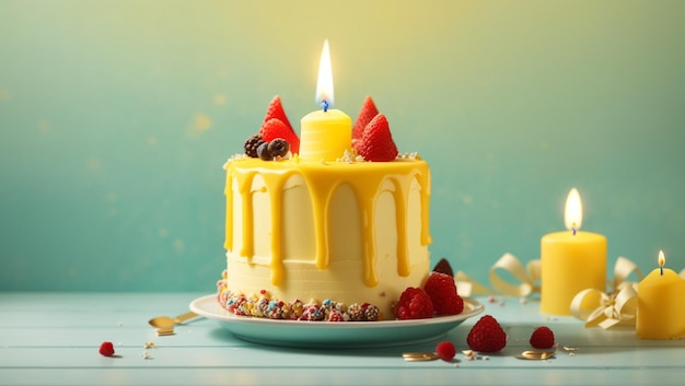 Délicieux gâteau d'anniversaire avec bougie sur fond jaune toile de fond avec espace de copie