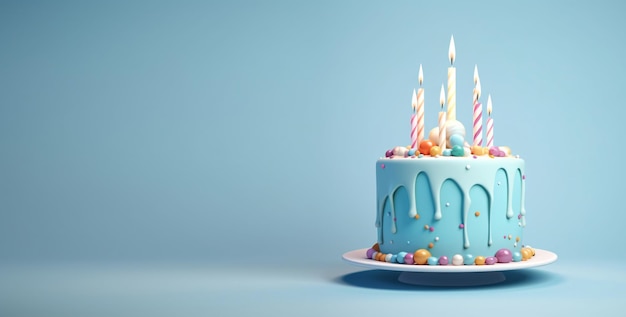 Délicieux gâteau d'anniversaire avec des bougies sur fond bleu clair Concept d'anniversaire de fêteIA générative