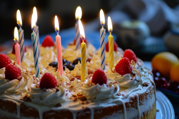 Un délicieux gâteau d'anniversaire avec des bougies un gâteau danniversnaire avec des bougies allumées assis sur une table en bois générée par l'IA