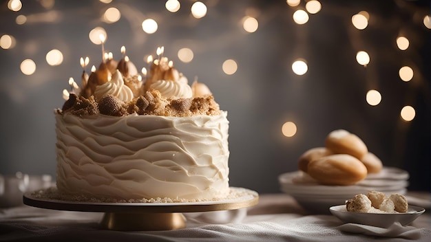 Un délicieux gâteau d'anniversaire avec des bougies sur la table contre des lumières floues en gros plan