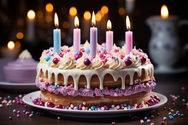 Délicieux gâteau d'anniversaire bougies vibrantes sa saveur brille sur une surface blanche