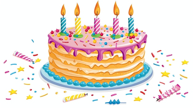 Photo un délicieux gâteau d'anniversaire avec quatre bougies sur le dessus le gâteau est recouvert de glaçage rose et a des éclaboussures d'arc-en-ciel tout autour du fond