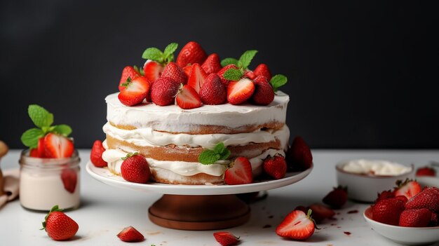 Délicieux gâteau au biscuit à la fraise dessert à la tarte avec des baies fraîches et de la crème au beurre sur le dos en béton