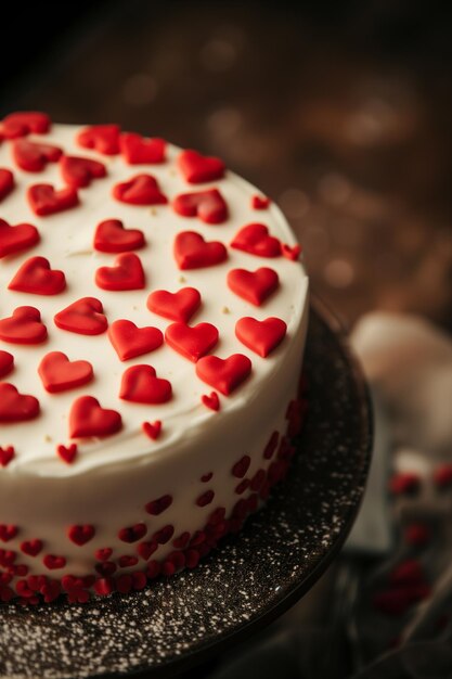 Un délicieux gâteau au chocolat avec de adorables petits cœurs rouges sur le dessus.