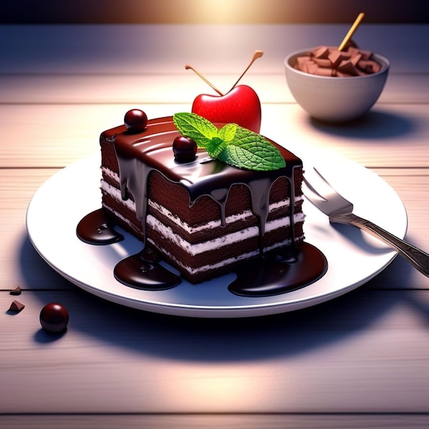 Photo un délicieux gâteau au chocolat dans une assiette blanche.