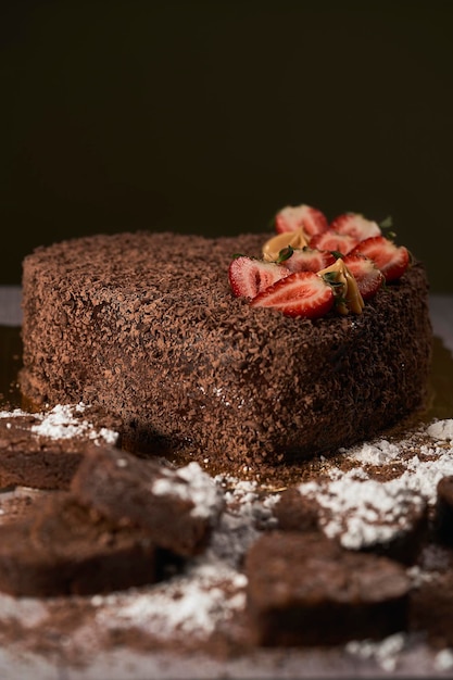 Délicieux Gâteau au Chocolat en forme de coeur décoré de fraises et entouré de brownies au chocolat à partager le jour de la Saint Valentin