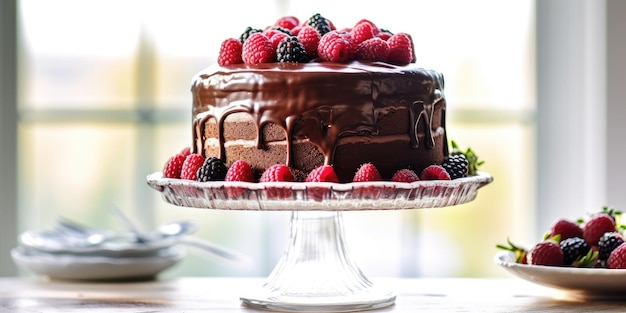 Délicieux gâteau au chocolat avec des framboises fraîches sur les desserts du moule à gâteau