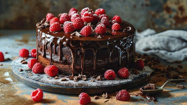 Délicieux gâteau au chocolat avec des framboises fraîches sur les desserts du moule à gâteau