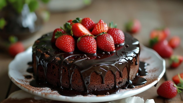 Un délicieux gâteau au chocolat garni de fraises fraîches