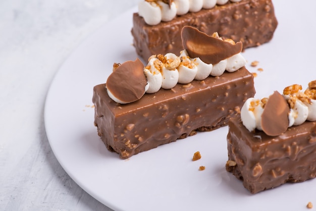 Délicieux gâteau au chocolat sur une plaque blanche