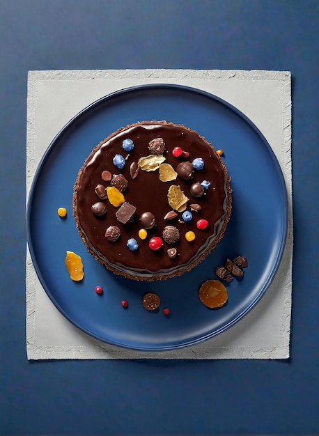 un délicieux gâteau au dessert, une pâtisserie publicitaire, un gâteau au chocolat sur une assiette bleue