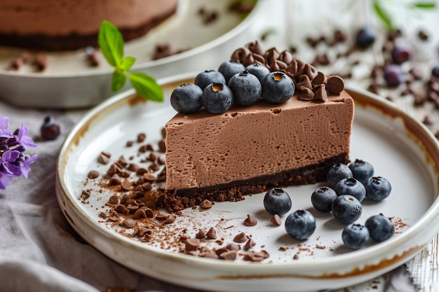 Délicieux gâteau au fromage au chocolat avec des bleuets frais Pas de gâteau au Fromage au four avec des baies