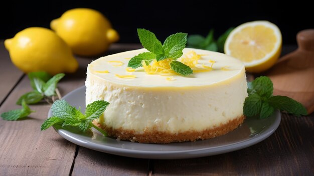 Photo délicieux gâteau au fromage au citron garni de menthe fraîche