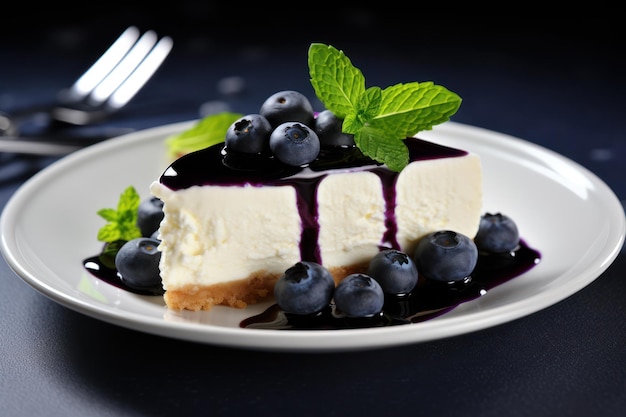 Un délicieux gâteau au fromage avec des bleuets et de la menthe en gros plan