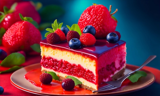 Délicieux gâteau au fromage frais avec sauce aux framboises fruits entiers fraise et menthe servis sur l'assiette