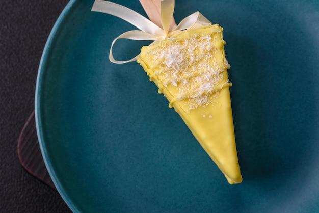 Délicieux gâteau au fromage sucré avec des fruits recouverts de glace avec un bâton de bois