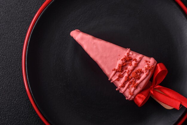 Délicieux gâteau au fromage sucré avec des fruits recouverts de glace avec un bâton de bois