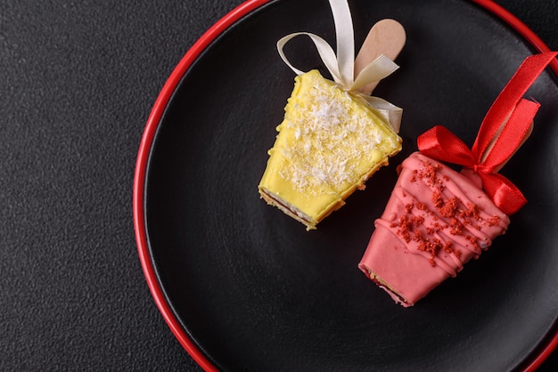 Photo délicieux gâteau au fromage sucré avec des fruits recouverts de glace avec un bâton de bois