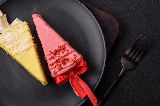 Photo délicieux gâteau au fromage sucré avec des fruits recouverts de glace avec un bâton de bois