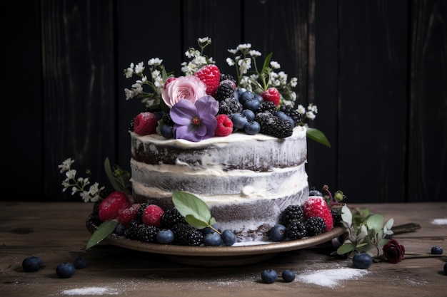 Délicieux gâteau aux baies et crème blanche sur fond sombre