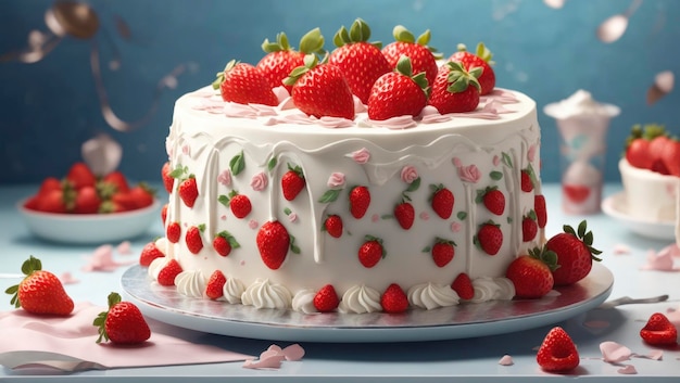 Délicieux gâteau aux fraises fraîches et glaçage blanc