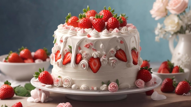 Délicieux gâteau aux fraises fraîches et glaçage blanc