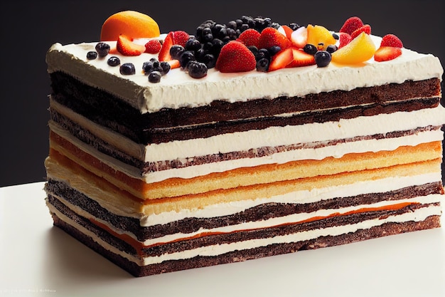 Délicieux gâteau aux fruits multicouches avec crème crémeuse et baies