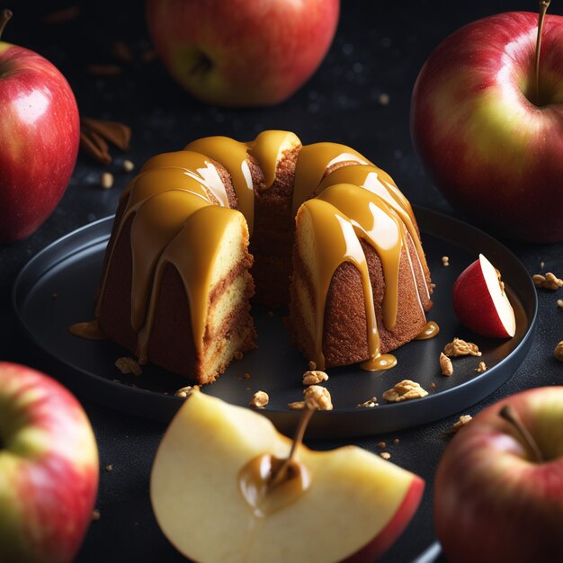 Photo délicieux gâteau aux pommes sur fond noir, prise de vue centrale au milieu du cadre