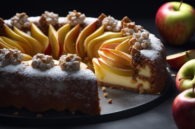 délicieux gâteau aux pommes sur fond noir, prise de vue centrale au milieu du cadre