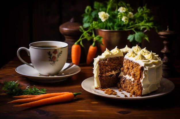 Un délicieux gâteau aux tranches de carottes et du thé sur la table.