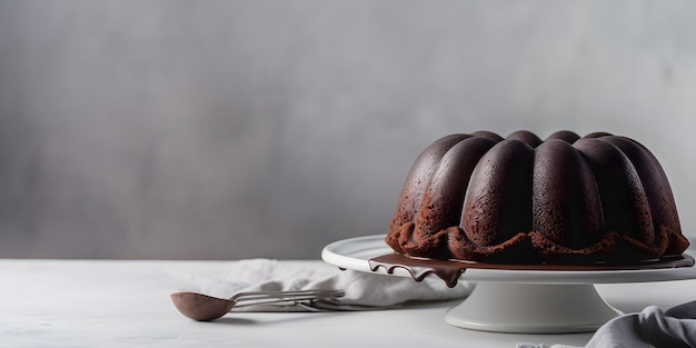 Délicieux gâteau bundt au chocolat garni de dessert avec glaçage ganache sur fond béton bannière avec copie espace généré Ai