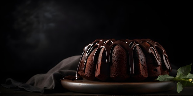 Délicieux gâteau bundt au chocolat garni de dessert avec glaçage ganache sur fond sombre bannière avec copie espace généré par Ai