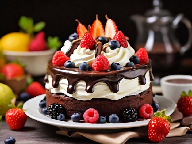 Photo un délicieux gâteau avec des cerises et des fraises sur la table.