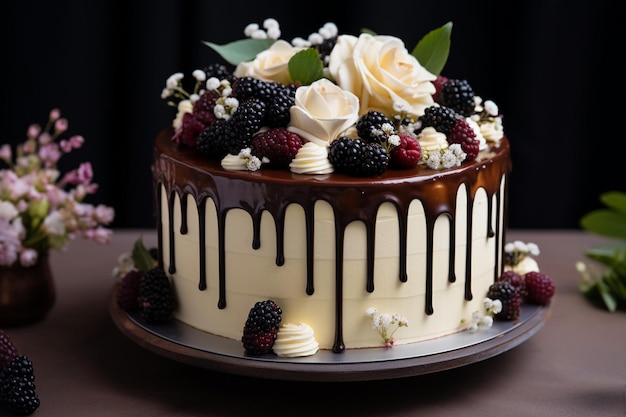 Un délicieux gâteau avec du chocolat blanc et brun tourbillonnant avec des fleurs et des mûres sur une table