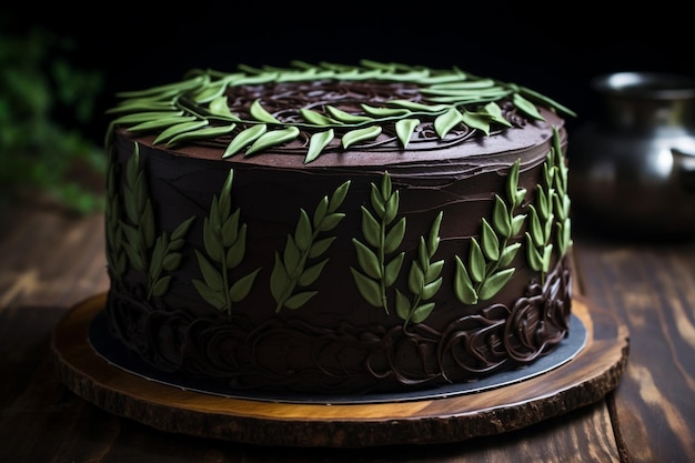 Un délicieux gâteau avec des feuilles.