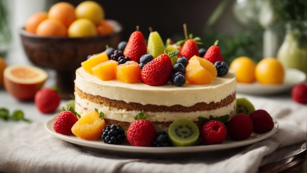 Photo un délicieux gâteau avec des fruits.