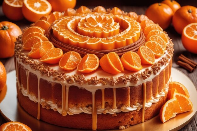 Photo un délicieux gâteau et une mandarine.