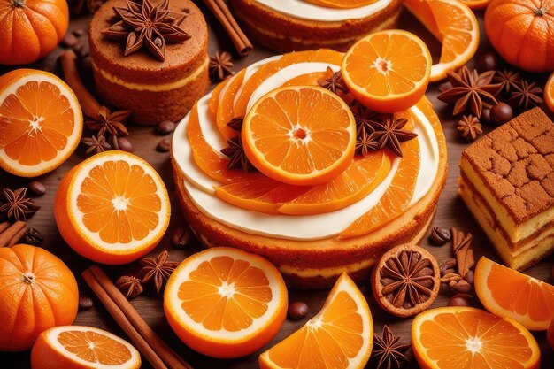 Photo un délicieux gâteau et une mandarine.