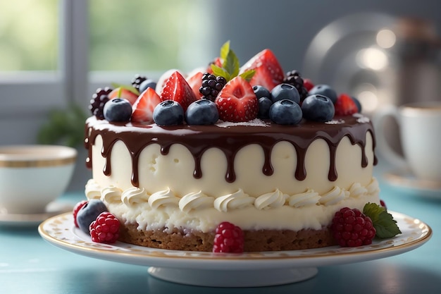 Un délicieux gâteau sur un plateau de gâteau.