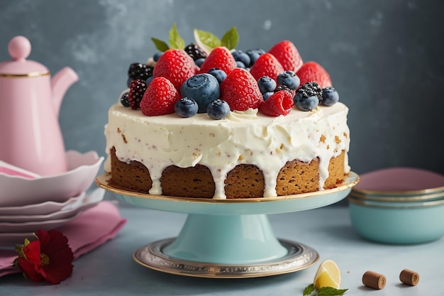 Un délicieux gâteau sur un plateau de gâteau.