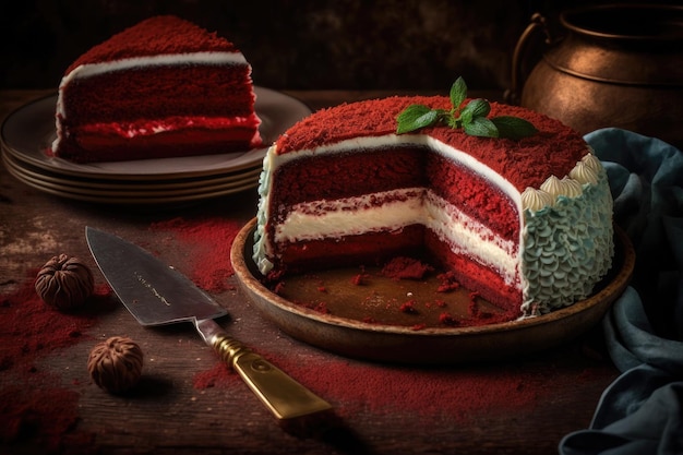 Délicieux gâteau rond de velours rouge fait maison avec une garniture à la crème créée avec une IA générative