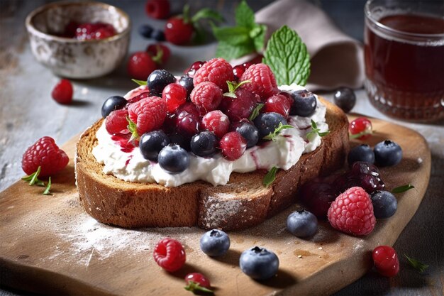 un délicieux gâteau surmonté de baies et de fraises