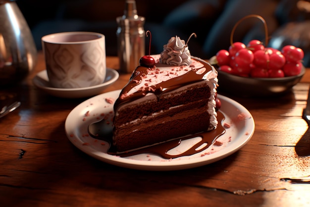 Un délicieux gâteau de tarte avec du chocolat sur une table en bois Un petit déjeuner sucré généré par l'IA