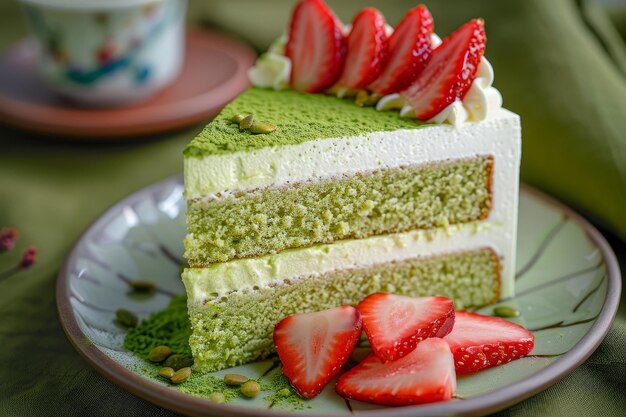 Photo un délicieux gâteau de thé vert garni de fraises fraîches sur une assiette décorative