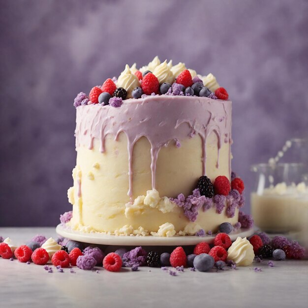 Photo délicieux gâteau à la vanille blanche sur un fond gris avec des baies rouges et noires sur le dessus