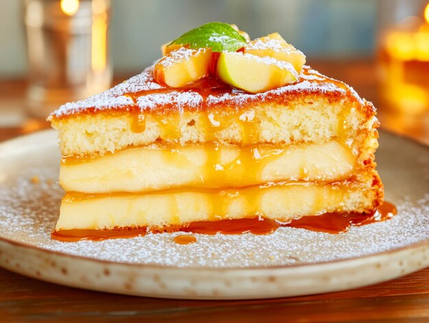 Un délicieux gâteau à la vanille en couches avec une garniture crémeuse, une sauce au caramel, des pommes fraîches et du citron vert sur une table en bois rustique.