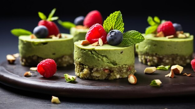 Photo délicieux gâteaux maison à la poudre de matcha crue avec des baies fraîches