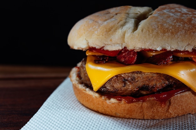 Délicieux hamburger au bacon et fromage cheddar sur du pain fait maison avec des graines et du ketchup sur une surface en bois et un fond noir.